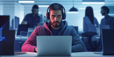 Aufkleber - Focused software developer working late at night in office wearing headphones