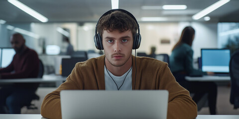 Leinwandbilder - Focused young programmer working on laptop wearing headphones in busy office