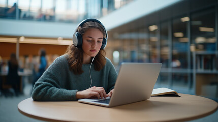 Poster - Focused student wearing headphones using laptop in university library