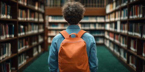 Poster - Student wearing backpack exploring library bookshelves
