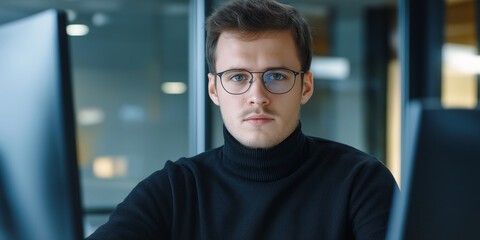 Poster - Focused office worker concentrating on computer screen in modern office