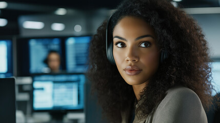 Aufkleber - Female it professional wearing headset working in system control center