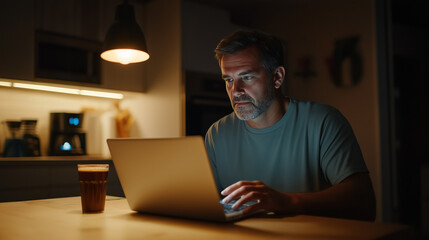 Poster - Focused man working late at night on laptop in kitchen with coffee