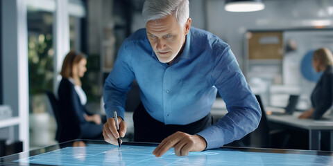 Poster - Focused senior engineer working with interactive digital table display, designing in a modern office