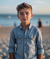 Teen boy of Austrian nationality in casual shirt and jeans with focused portrait photo beach background