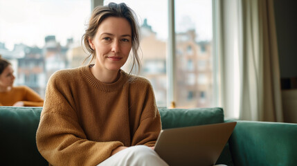 Aufkleber - Woman working remotely from home on laptop computer