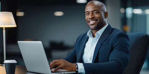Poster - Happy businessman working on laptop in modern office at night
