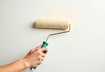 Painting a Wall Close-Up: Roller and White Paint, Clear Background, Ample Copy Space, Hand in Action, 2/3 Style, Stock Photo, Smooth Application, Detailed Strokes.

