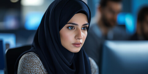 Poster - Muslim software developer working on computer in busy office