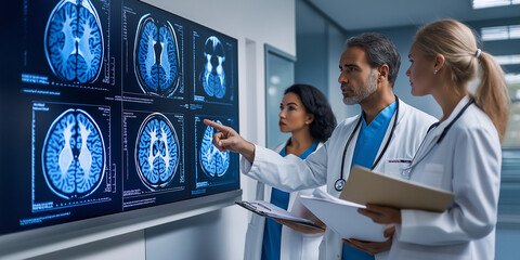 Aufkleber - Team of medical professionals examining brain mri scan results on a monitor in hospital meeting room