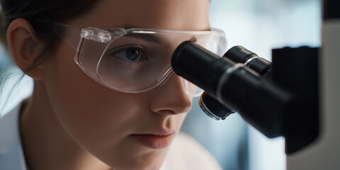 Aufkleber - Scientist working with microscope doing research in laboratory