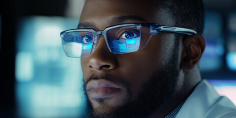 Poster - Scientist wearing augmented reality glasses working in laboratory using futuristic technology