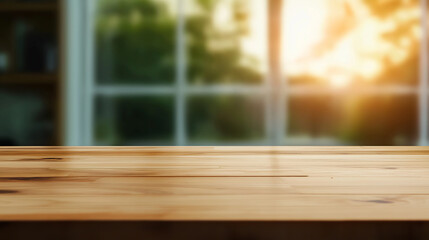 Poster - Empty wooden table with blurred garden background during sunset