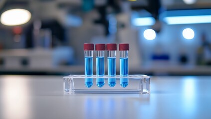 Poster - Four test tubes with blue liquid in a lab.