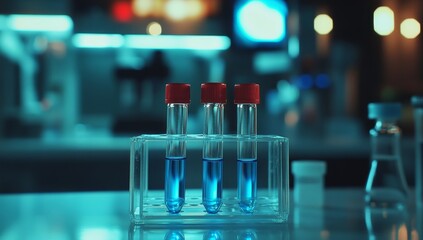 Poster - Three test tubes with blue liquid in a lab.