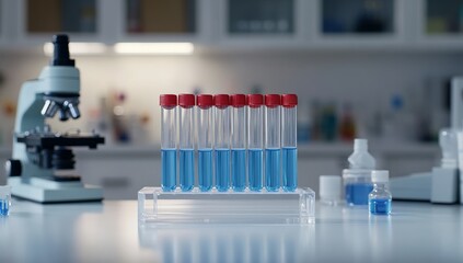 Poster - Test tubes with blue liquid in a lab.