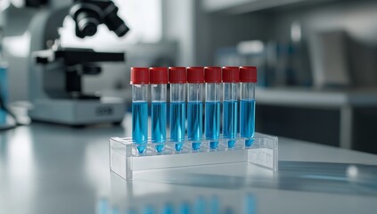 Poster - Eight test tubes with blue liquid in a lab.