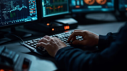 Poster - Software developer programming and coding on computer keyboard in dark room at night