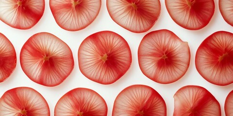 Wall Mural - Red translucent slices arranged in a pattern on a white background.