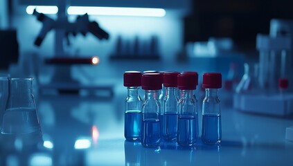 Poster - Blue liquid in small vials on lab bench.