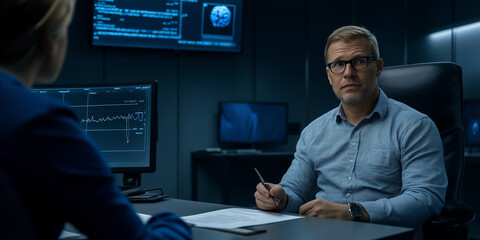 Aufkleber - Medical doctor analyzing patient's brainwave data with healthcare professional in high-tech hospital room