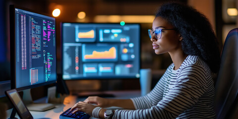 Leinwandbilder - Focused female programmer working on computer code and data analysis at night