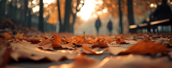 Poster - Fallen autumn leaves covering a park alley at sunset with people walking