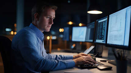 Poster - Focused programmer working late night on computer code in office