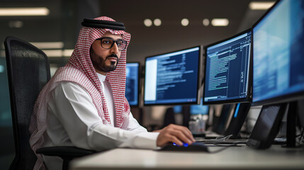 Leinwandbilder - Arab software developer working on computer in modern office