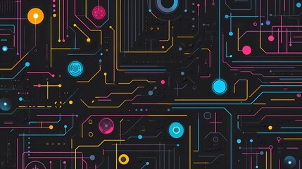 Poster - Abstract circuit board design with vibrant colors on a dark background.