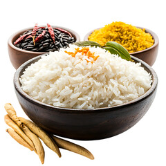 Wall Mural - rice and curry advertisement isolated on white background full depth of field