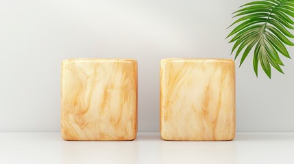 Poster - Elegant Minimalist Display of Two Smooth Textured Cubes on Clean Background with Green Leaf Accent