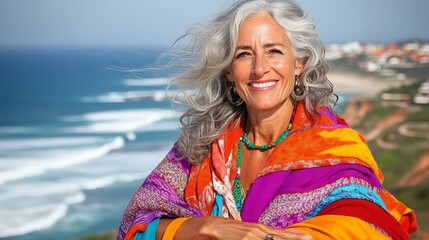 Smiling woman with flowing gray hair enjoys a sunny coastal view while wearing a vibrant shawl