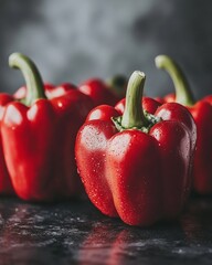 Poster - Three vibrant red bell peppers on dark surface.