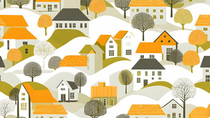Autumnal village hillside homes; scenic landscape illustration for website background