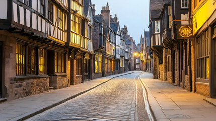 Wall Mural - Charming cobblestone street in historic English town at dawn; quiet, peaceful atmosphere; ideal for travel brochures