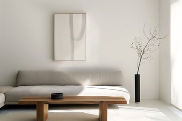 Poster - Minimalist interior design featuring a sleek gray sofa, a wooden bench-style coffee table, and abstract art on a clean white wall.