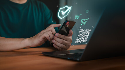 Poster - Customers pay via mobile phone and scan QR code to shopping online. The concept of using smartphone to scan QR code to digital banking. The use of technology in daily life of modern people.