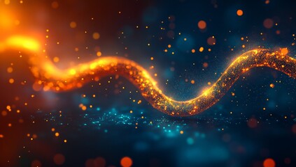 Poster - Abstract glowing orange particle wave on dark blue background.