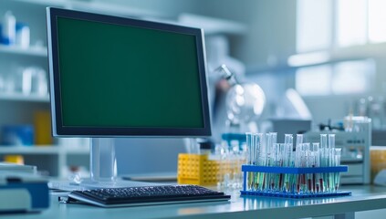 Poster - Modern laboratory computer with test tubes.