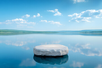 Wall Mural - photograph of a large lake, blue mirror-clear water, blue sky with light clouds, a flat stone plinth in the center, high quality, professional photo, high detail