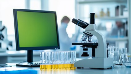 Poster - Lab microscope, computer monitor, test tubes, scientist.