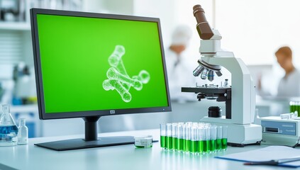 Poster - Molecular model displayed on a computer screen in a lab setting with microscope and test tubes.