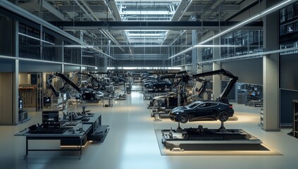 Poster - Modern automotive factory interior with robotic arms assembling cars.