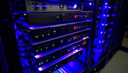 Poster - Illuminated server rack with network devices and cables.