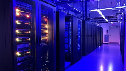 Poster - Modern data center with rows of server racks lit in blue.