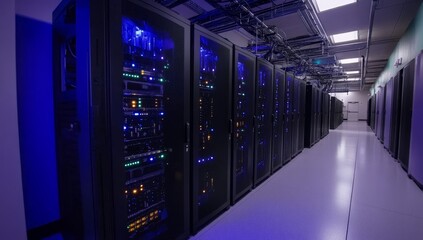 Poster - Data center server room with rows of powerful computer servers.