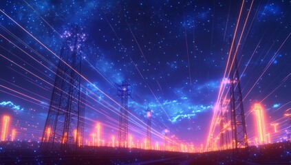 Wall Mural - Neon electric towers under starry night sky.