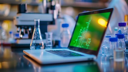 Poster - Laptop displaying scientific data in a laboratory setting with glassware and microscope.