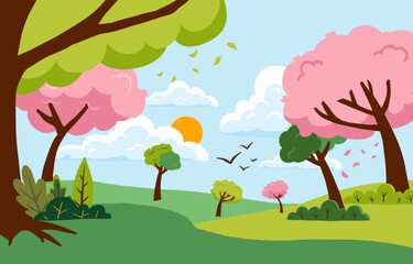 Wall Mural - spring landscape background with mountain and tree for horizontal design